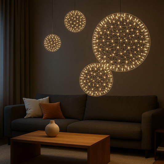 Modern living room with LumiSphere Spark Pendant Chandelier – spherical LED hanging lights with intricate wireframe design, creating a warm and elegant ambiance