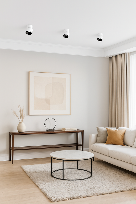 A contemporary interior featuring Tatva EuroBeam Adjustable Surface Spotlights, designed with a sleek white cylindrical body and directional LED lighting for versatile use in living rooms, hallways, kitchens, and commercial spaces