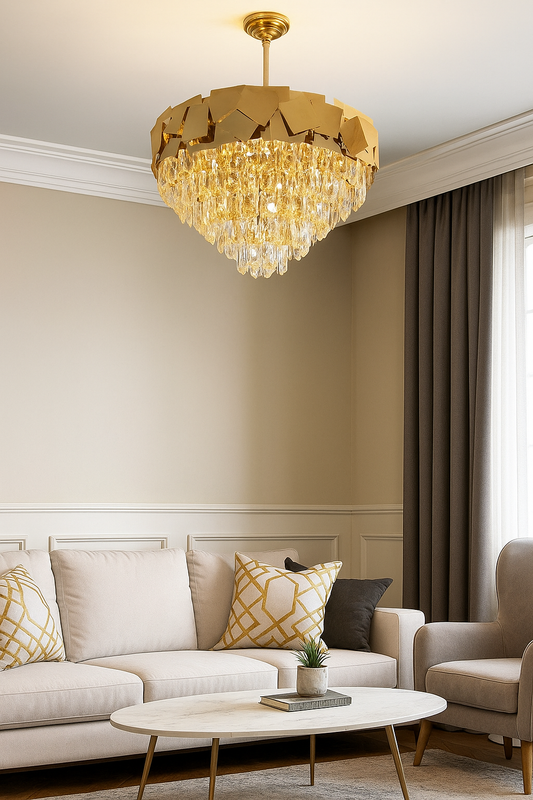 Luxurious Tatva Imperial Glint Crystal Chandelier featuring a golden crown-inspired frame with cascading crystals, perfect for upscale living rooms, dining areas, and hotel lobbies