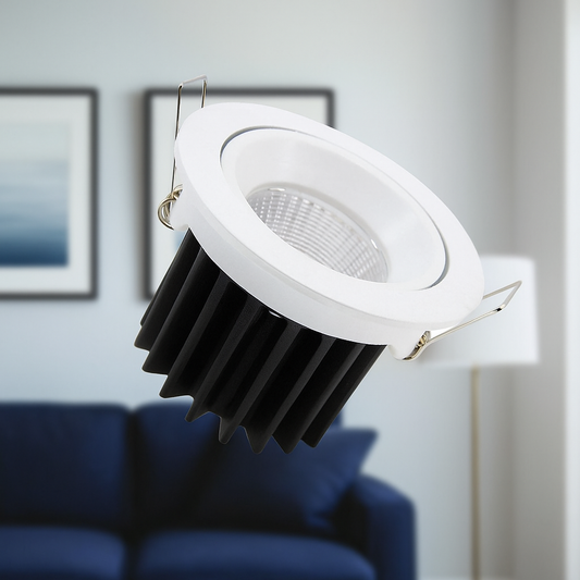 Tatva Lights LANA 12W recessed adjustable LED downlight in white finish with black heat sink, ideal for modern living rooms, offices, and commercial ceiling lighting.