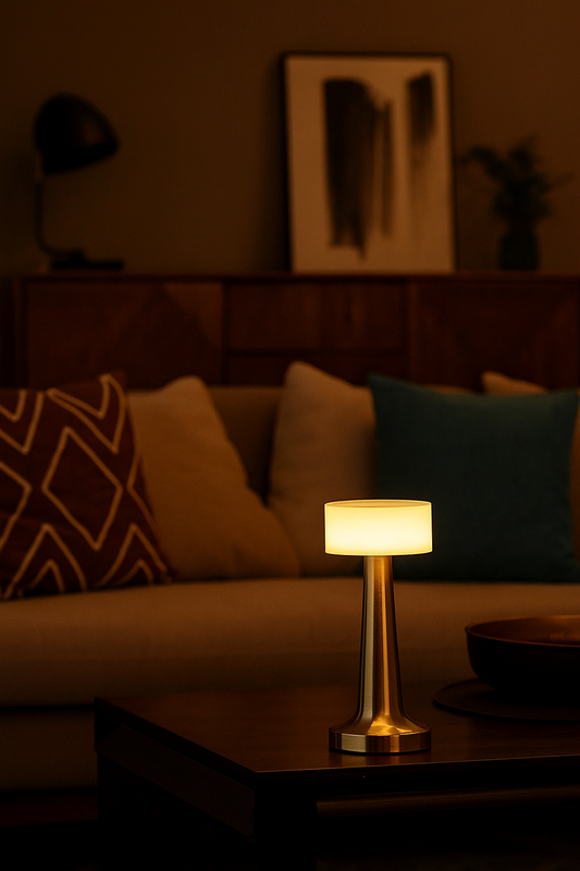Tatva Lights BARBELL Rechargeable Wireless Bar Table Lamp featuring a sleek metallic stem with a wide base and a soft rectangular top shade, emitting a warm ambient glow on a cozy living room side table.