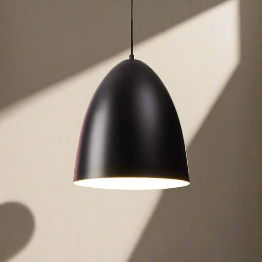 Tatva Lights Modern black matte egg-shaped pendant light with gold interior – contemporary ceiling hanging lamp for kitchen, dining area, or bathroom decor.