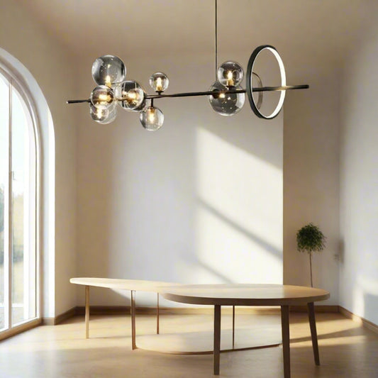 Tatva Lights gold linear contemporary chandelier – modern minimalist hanging light fixture for dining rooms, kitchen islands, or living spaces with elegant ambient lighting.