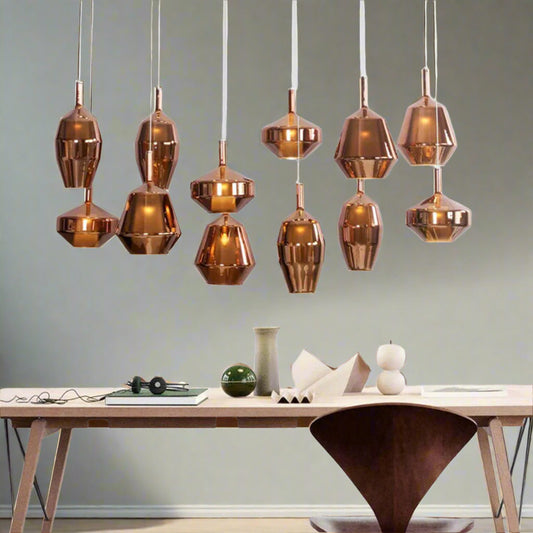 Tatva Lights PrismGlow copper cluster pendant lights – modern geometric hanging lights in polished copper finish, perfect for dining areas, office spaces, or contemporary interiors
