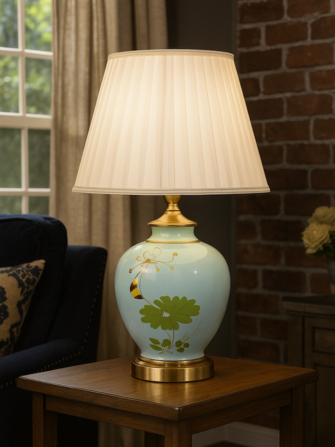 Tatva Lights Blossom Ceramic Table Lamp featuring a hand-painted floral design on a glossy ceramic base with gold accents, topped with a pleated ivory lampshade—perfect for adding elegance and charm to any room.