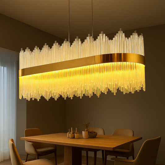 Tatva Lights luxury crystal chandelier with layered glass detailing and a gold finish – elegant lighting centerpiece for living rooms, dining areas, and upscale interiors.