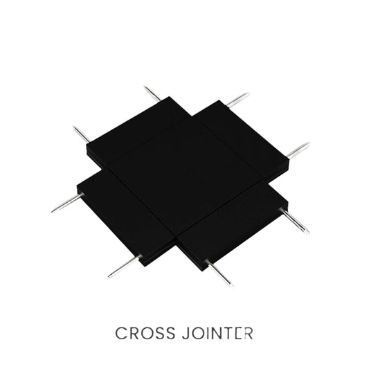 Tatva Lights 4-way black magnetic track light connector with sleek square design and metallic pins, used for joining multiple track lighting rails in modern linear lighting systems.