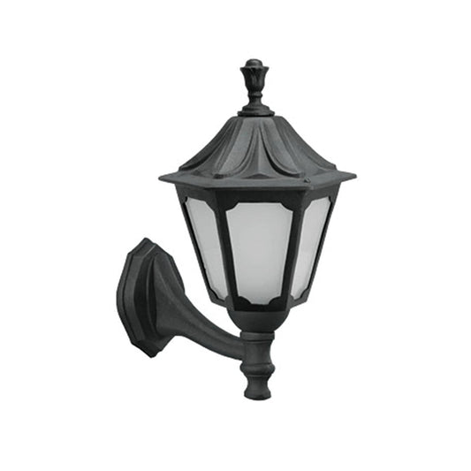 Tatva Lights Classic Crest outdoor wall light featuring a traditional lantern design with a matte black finish and frosted panels, perfect for enhancing vintage and colonial-style exteriors.