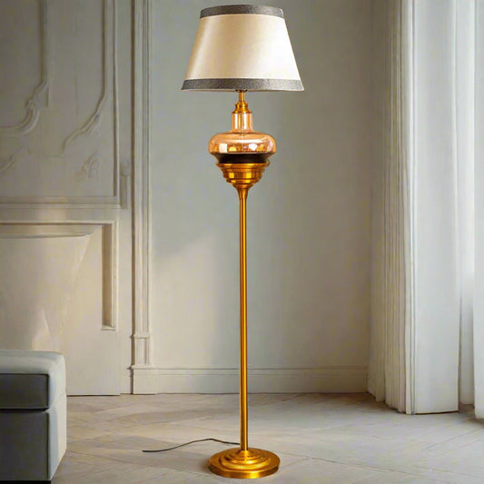 Tatva Lights Elegant gold floor lamp with vintage-inspired glass detail and dual-tone lampshade – perfect for classic living room or reading corner décor