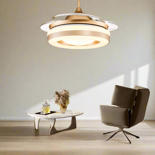 Tatva Lights Golden Ceiling Fan Chandelier with Remote Control featuring an elegant gold finish, integrated LED lighting, and retractable blades—ideal for adding luxury and functionality to modern living rooms, bedrooms, or dining areas.