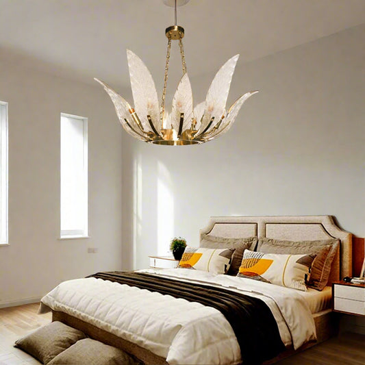 Tatva Lights Lotus Leaf Chandelier – Artistic gold pendant light inspired by lotus leaves, featuring sculptural design and warm LED illumination for luxurious living rooms, dining areas, or entryways.