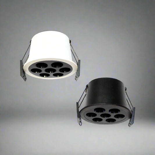 Tatva Lights Luxe Recesso LED Ceiling Light featuring a modern recessed design with multiple LED points, available in sleek black and white finishes for a clean, contemporary ceiling installation.