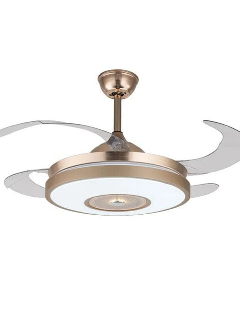 Tatva Lights Luxury Cleoda Ceiling Fan featuring a sleek modern design with integrated LED lighting, elegant metallic finish, and aerodynamic blades—perfect for contemporary living rooms, bedrooms, or upscale indoor spaces.