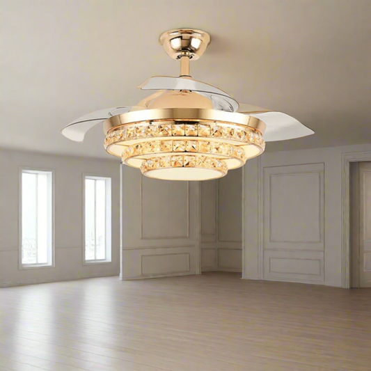 Tatva Lights Majestic Breeze Crystal Fan Chandelier — a luxurious fusion of sparkling crystal elegance and modern functionality, featuring retractable fan blades, integrated LED lighting, and a stunning centerpiece design ideal for upscale living rooms, bedrooms, or lounges
