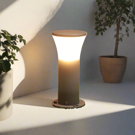 Tatva Lights Modern Norse Cylindrical Garden Bollard Light – Sleek outdoor LED pathway light with a minimalist cylindrical design in a matte black finish, ideal for garden paths, driveways, and landscape lighting