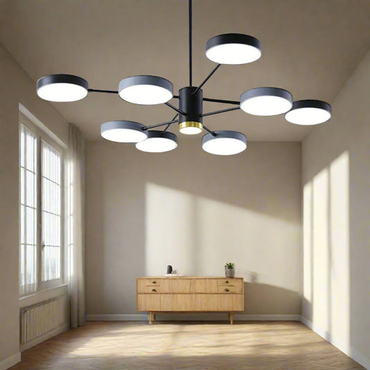 Tatva Lights Octaflex Chandelier – a contemporary gold-finish chandelier featuring a geometric, octagonal frame with integrated LED strips, designed for modern dining rooms, living spaces, or high-ceiling interiors. Stylish and energy-efficient centerpiece lighting.