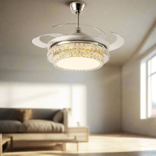 Tatva Lights Opulair Gold Crystal Chandelier Fan with retractable transparent blades, dazzling crystal embellishments, and a radiant gold finish—blending luxury lighting and cooling functionality for elegant living rooms, bedrooms, or dining spaces.