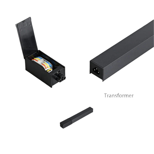 Tatva Lights black magnetic track light transformer kit, showing internal wiring and sleek exterior casing for modular lighting systems.